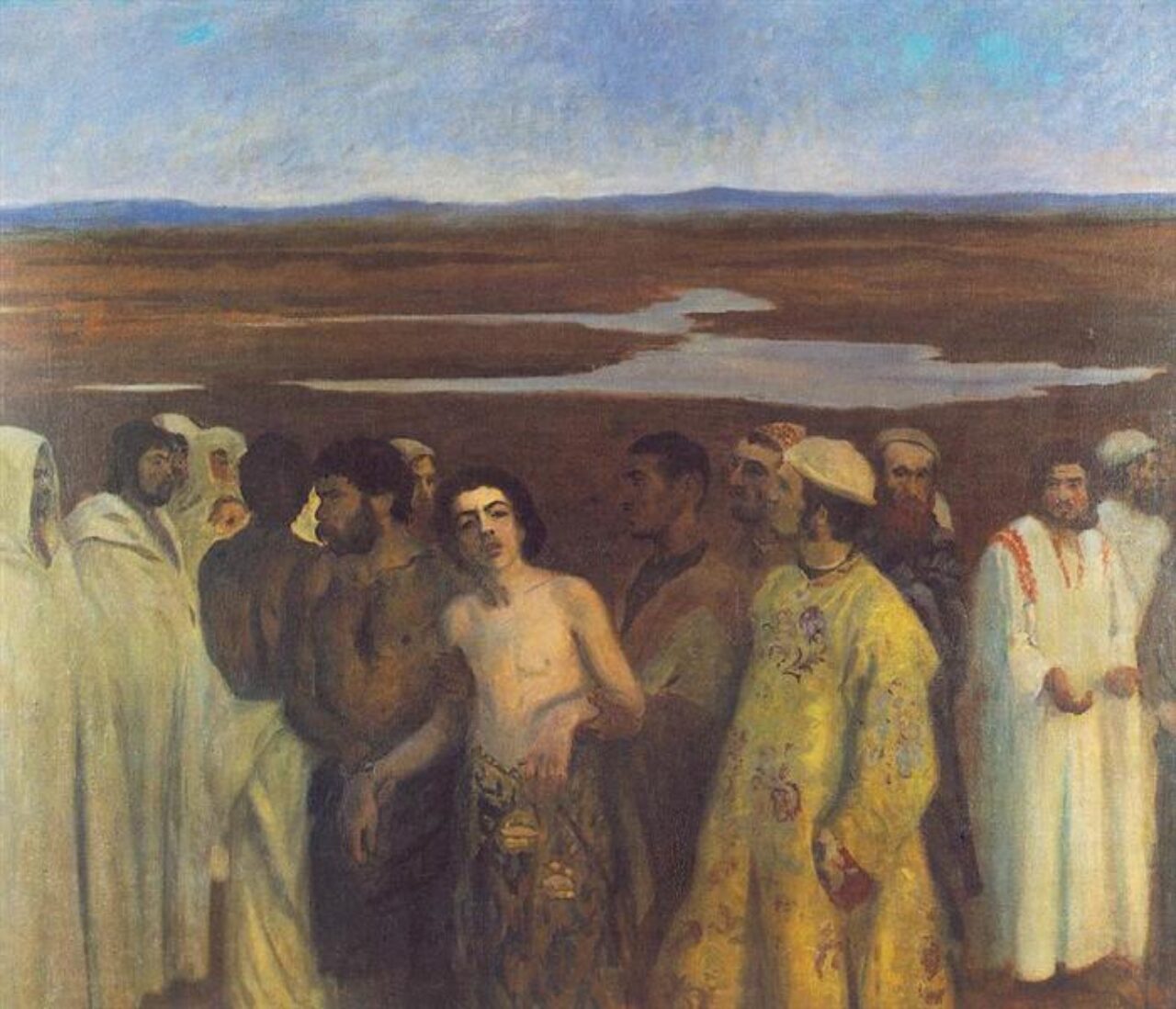 Oil painting of young man being led away by slave traders