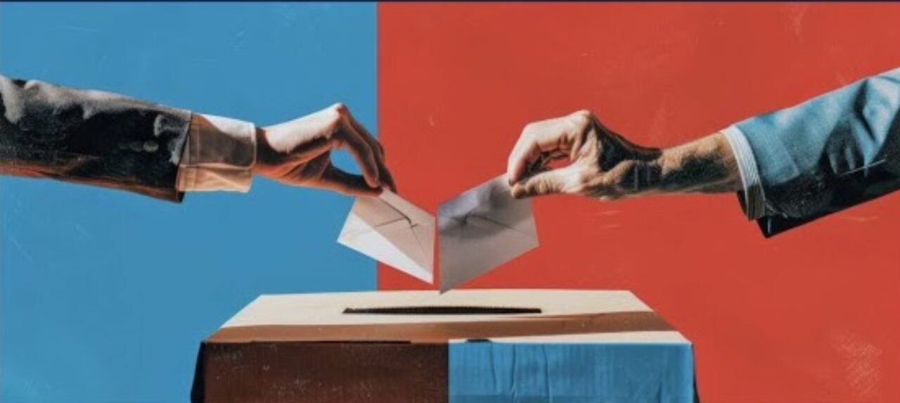 Hands place ballots in a box from blue and red sides