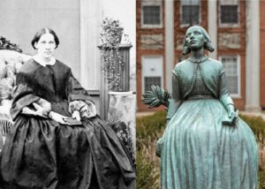 black and white photo of poet Lina Sandell beside a photo of her bronze statue in front of the seminary