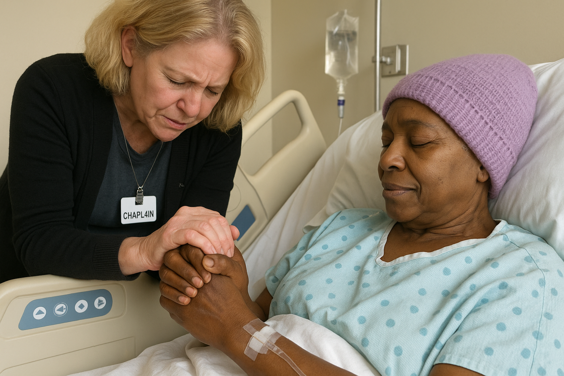 Chaplain prays with woman in hospital bed
