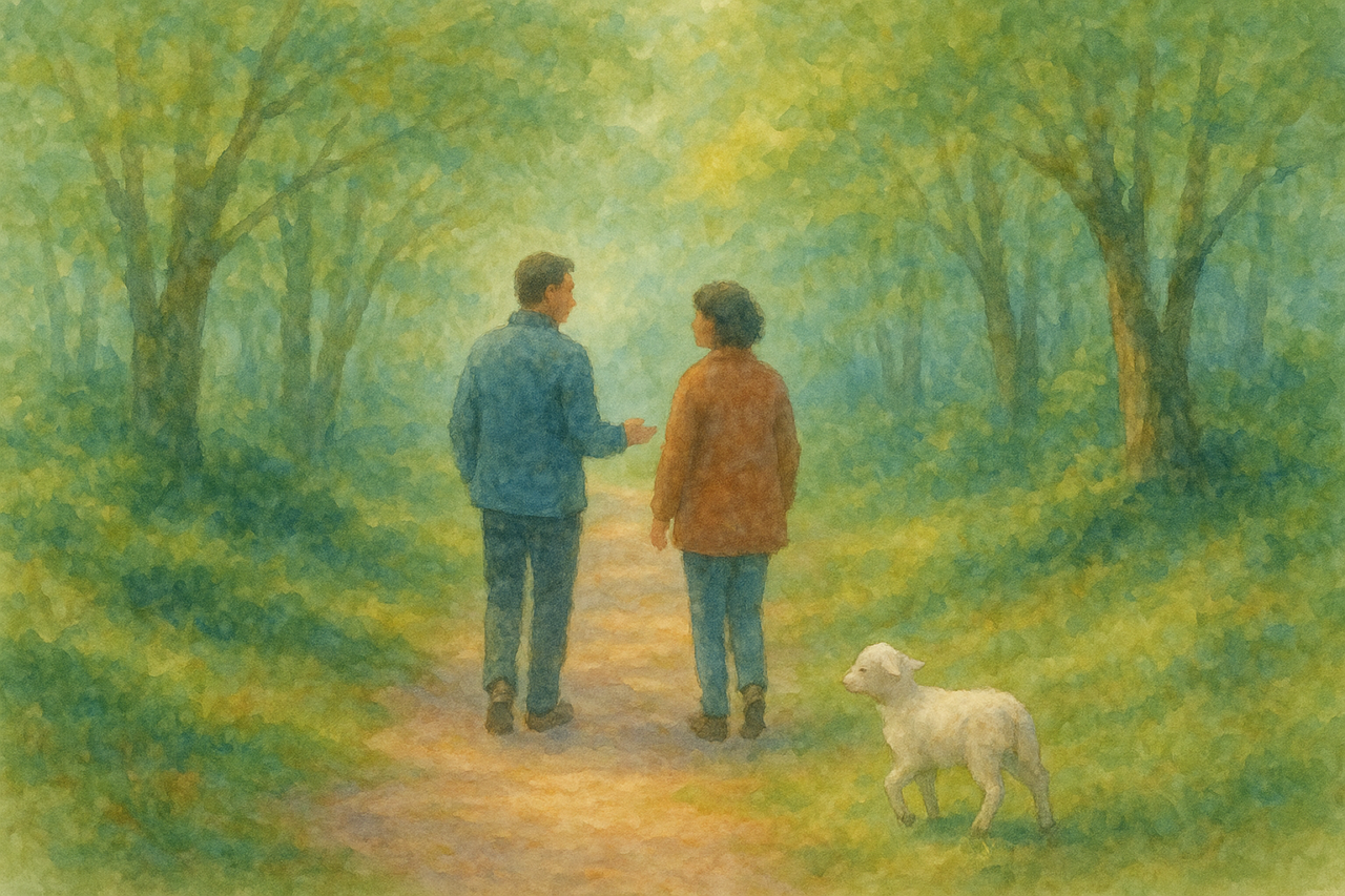 watercolor painting of two people walking through a wood in spiritual direction conversation, with a lamb nearby