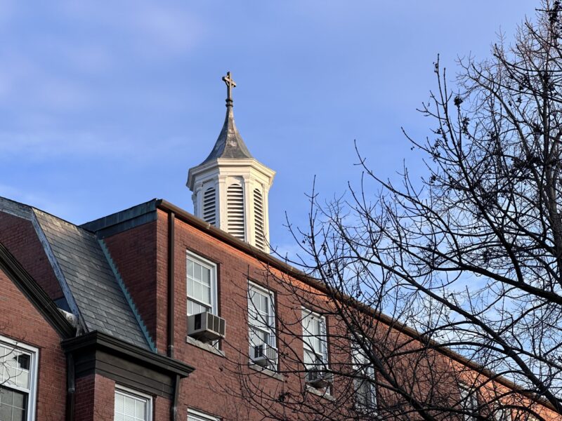 Nyvall Hall cross and cupola with tree bare of leaves