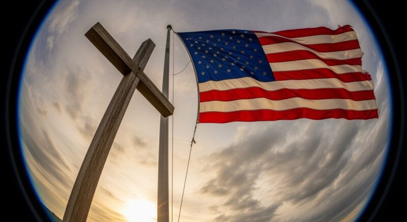 American flag and Christian cross in fish-eye view