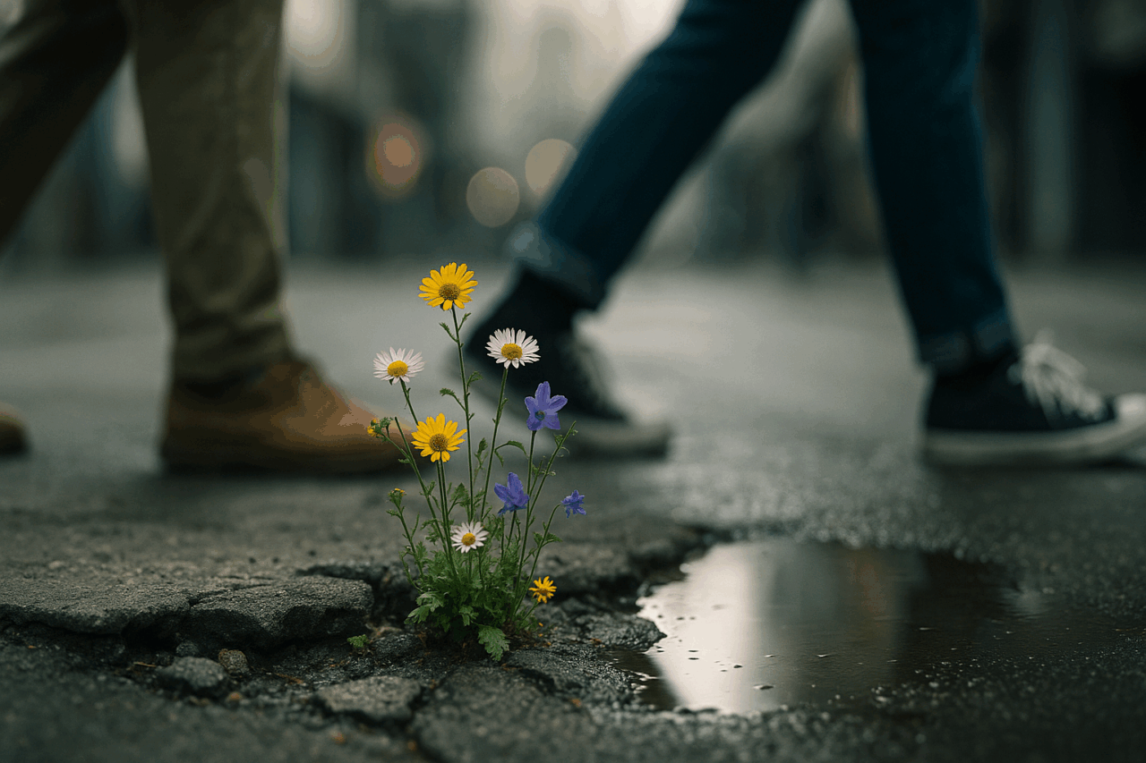 feet walk past a pothole in the concrete filled with a dirty puddle and wildflowers sprouting out of the concrete