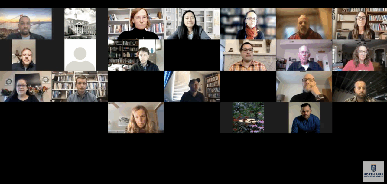 Zoom meeting gallery view including participants from the Public Theology lecture
