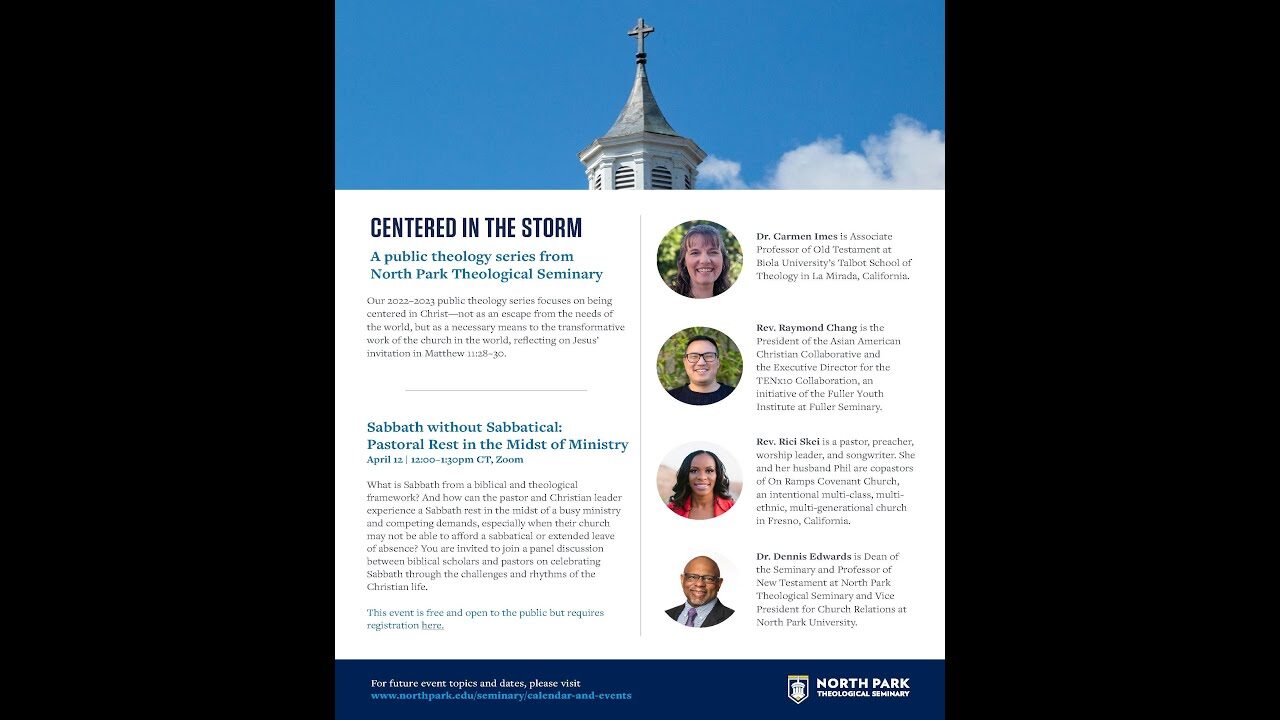 Flyer featuring photograph of the cross on Nyvall Hall's roof and information about the public theology lecture