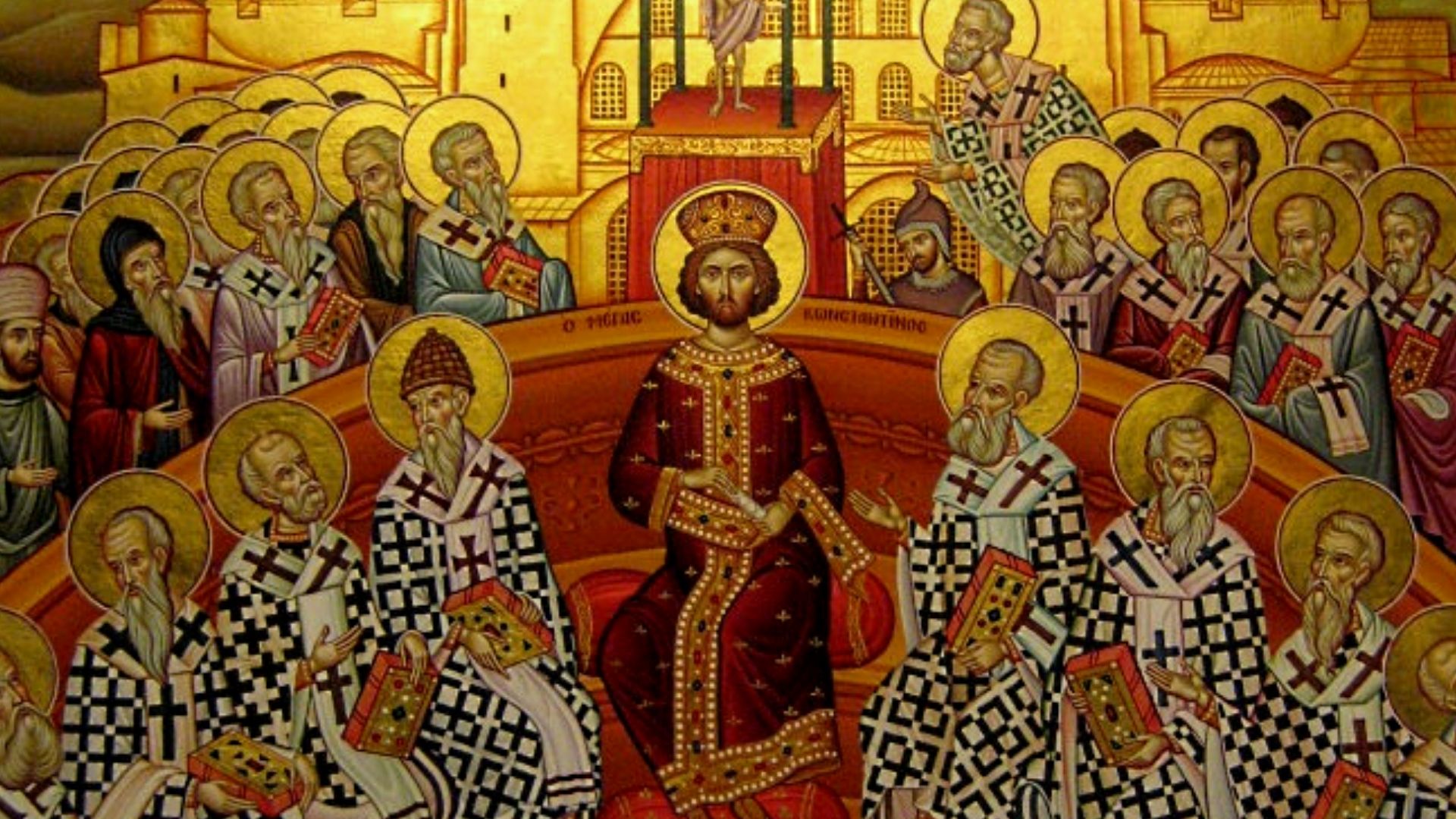 Ancient ecclesial art with vivid gold and red colors honoring the Council of Nicaea