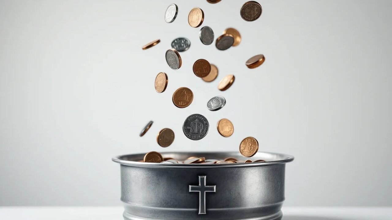 Coins falling into silver church collection plate