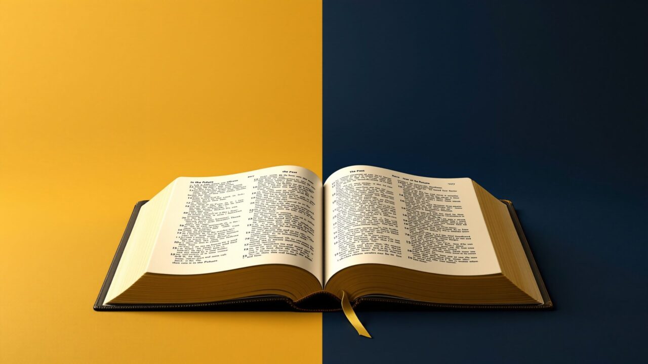 bible lying open on a split yellow and navy background