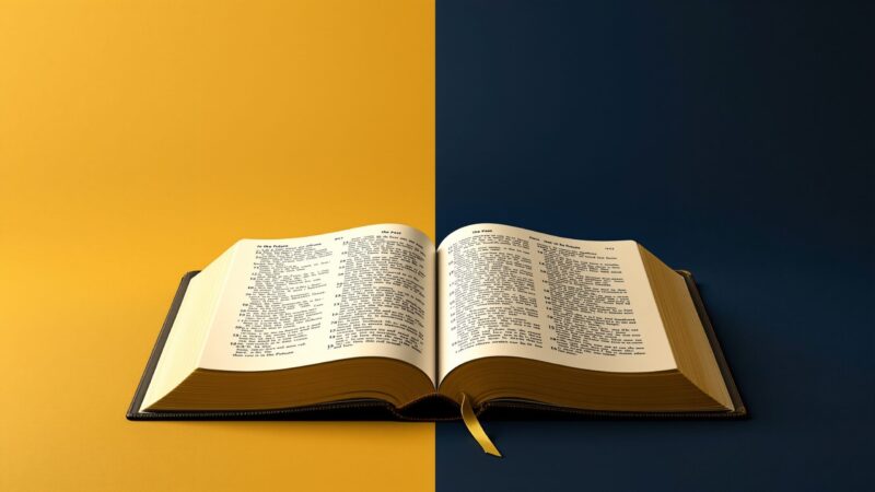 bible lying open on a split yellow and navy background
