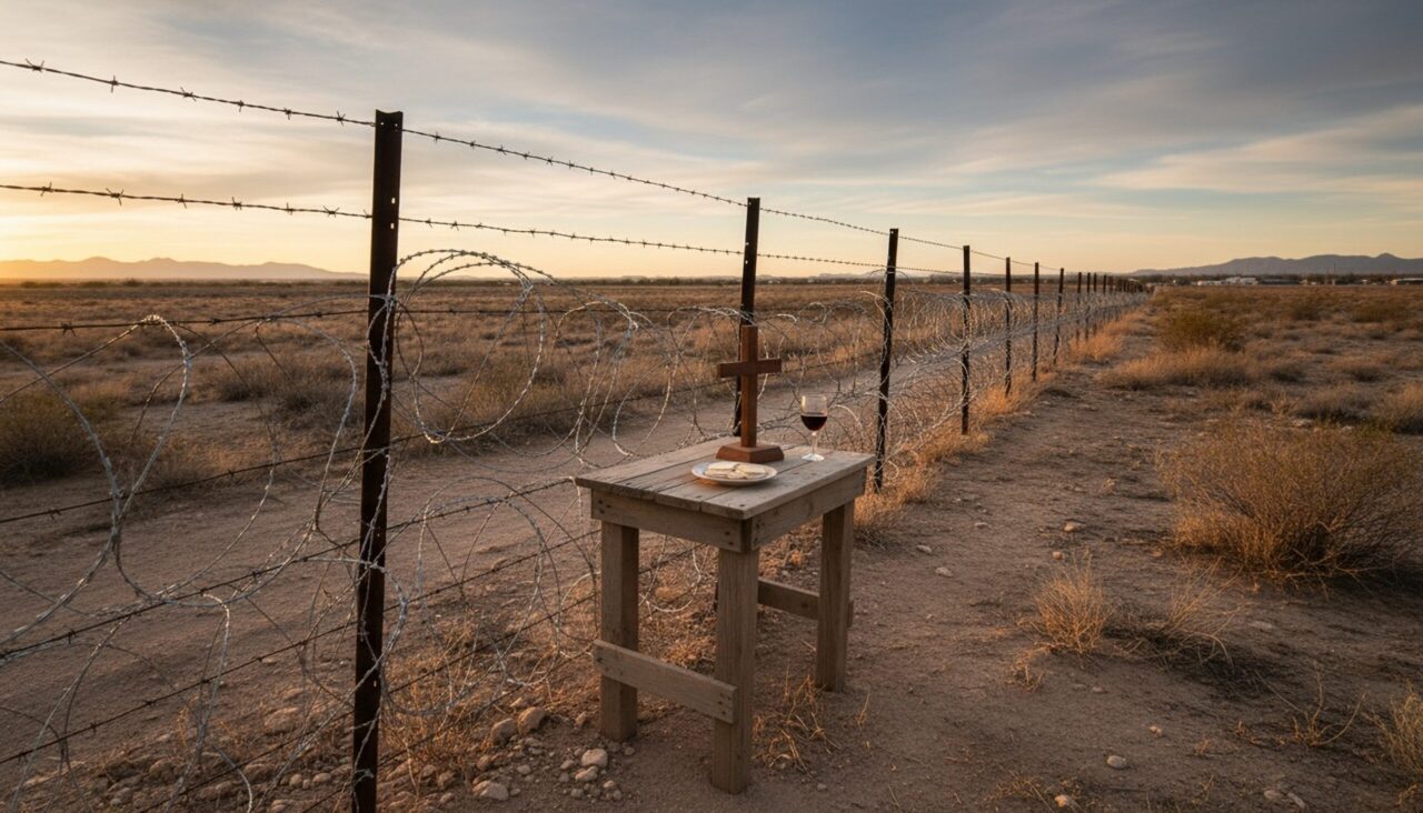 a desert border with a barbed wire fence and a wooden table holding the eucharistic elements