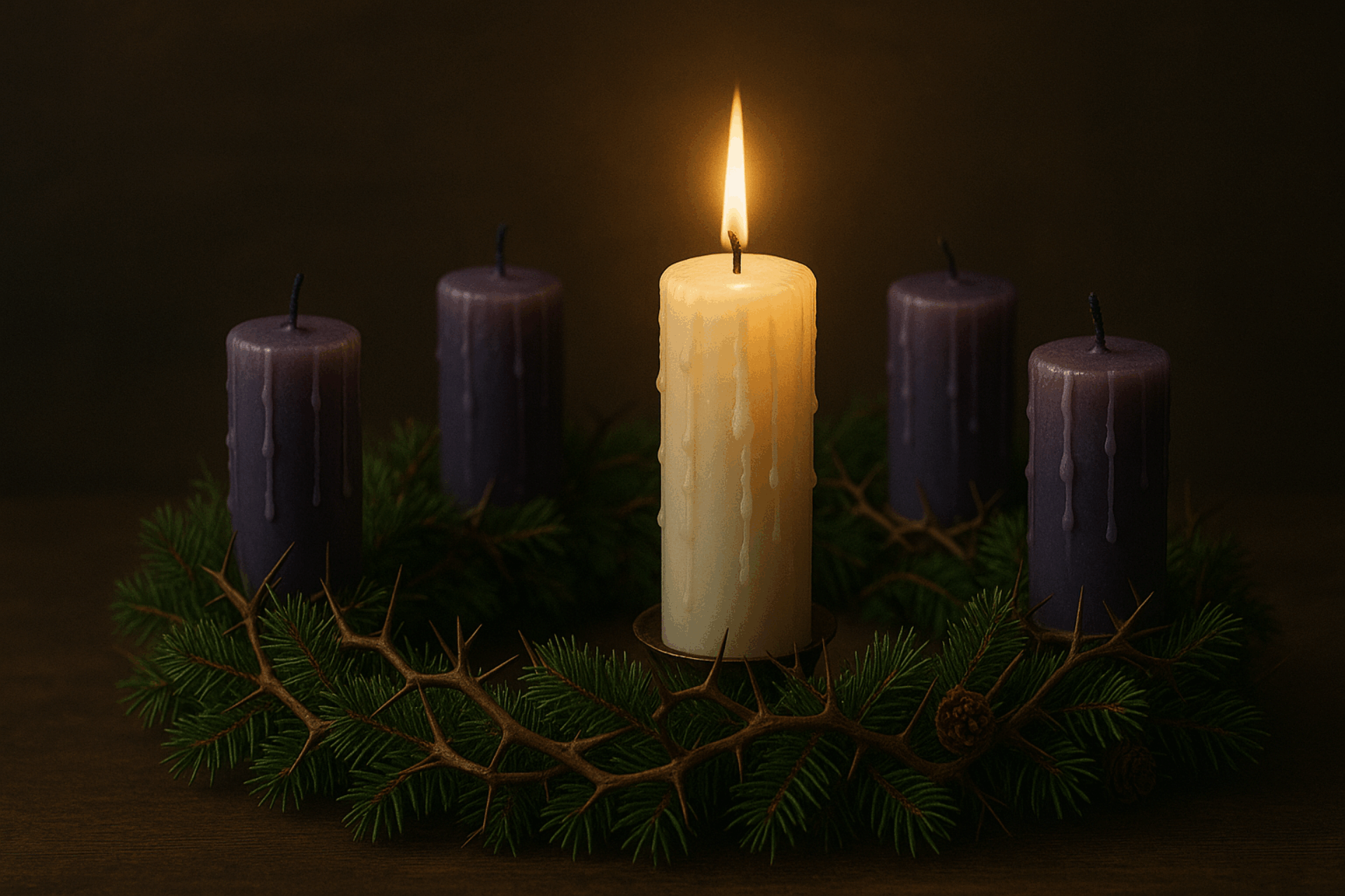 advent wreath featuring thorns, four unlit purple candles and a lit white Christ candle in the center