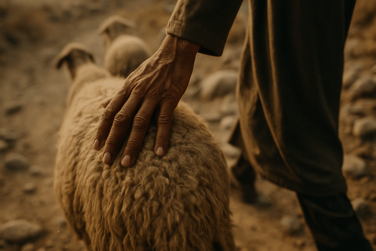 dusty hand resting on the back of a sheep as shepherd and sheep walk down a rocky path together