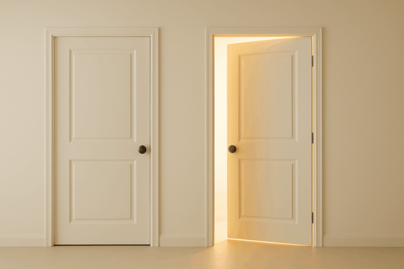 two doors in a hallway, one is slightly ajar showing light on the other side, the other remains closed