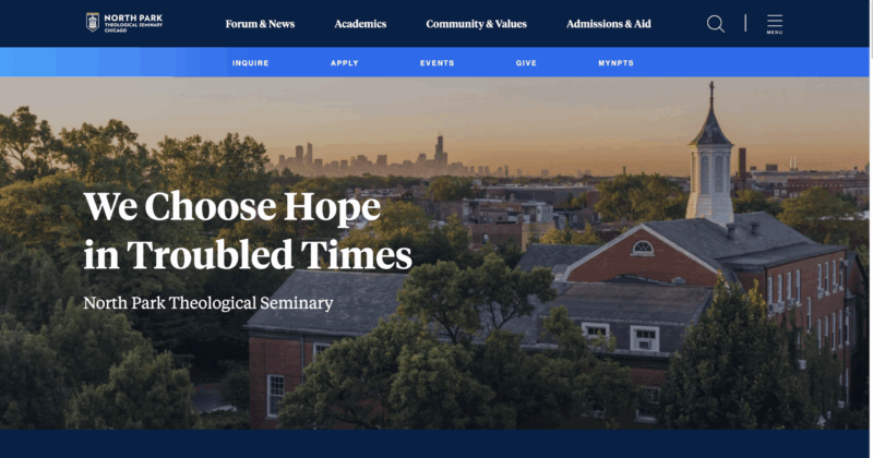 Color screenshot of North Park Theological Seminary web site home page featuring photograph of main Seminary building and Chicago skyline