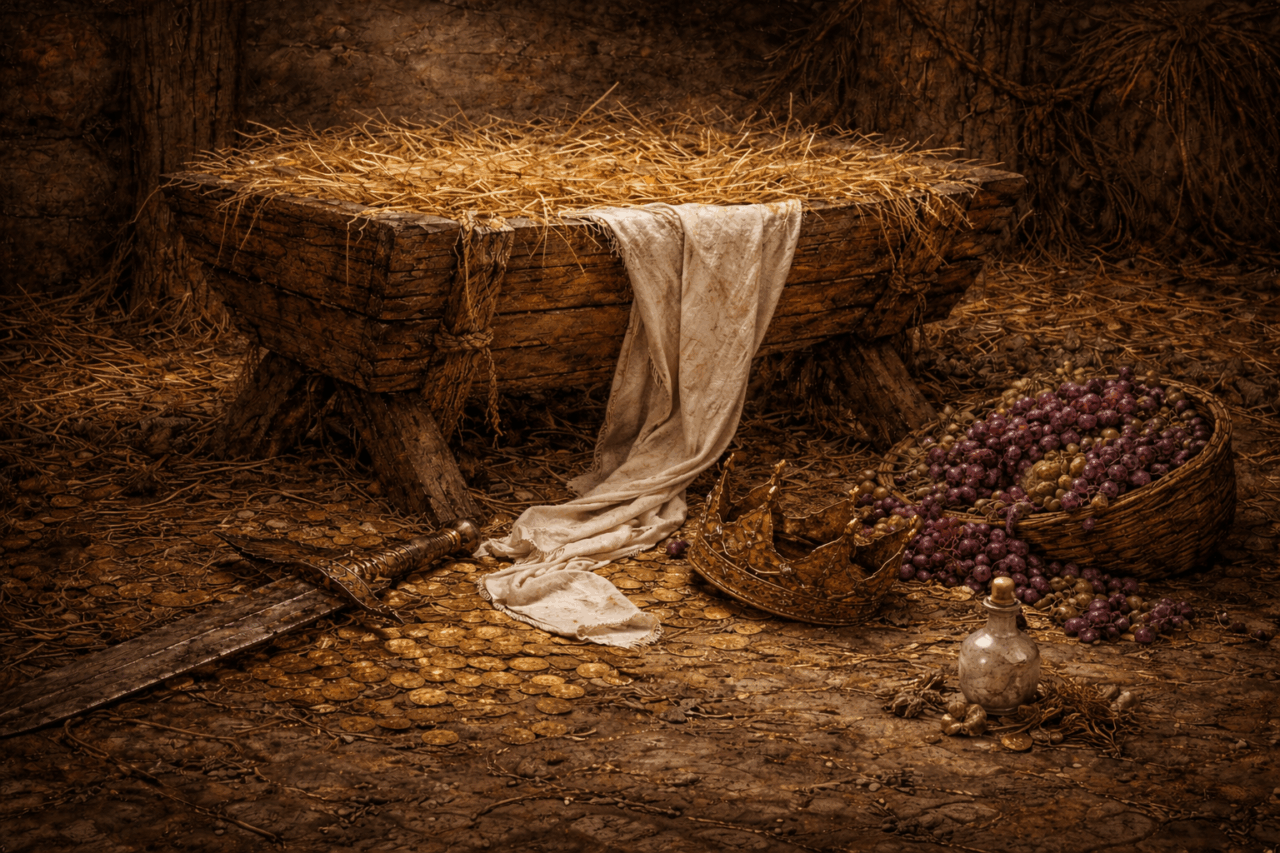 Oil-painting-style image of manger filled with hay, at its base are gold coins, a broken sword crown and basket spilling out grapes