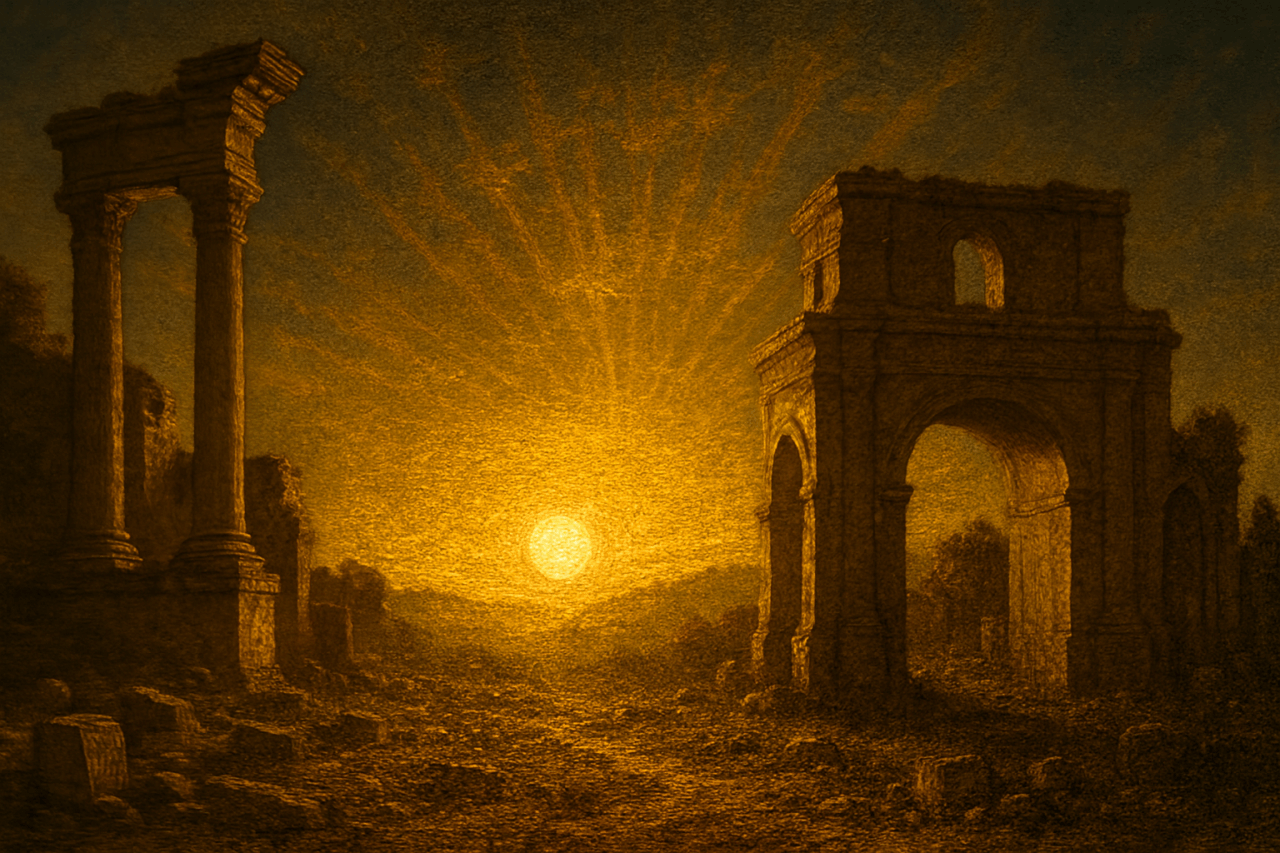 oil painting style image of golden sunrise piercing through darkness over ruins of a city