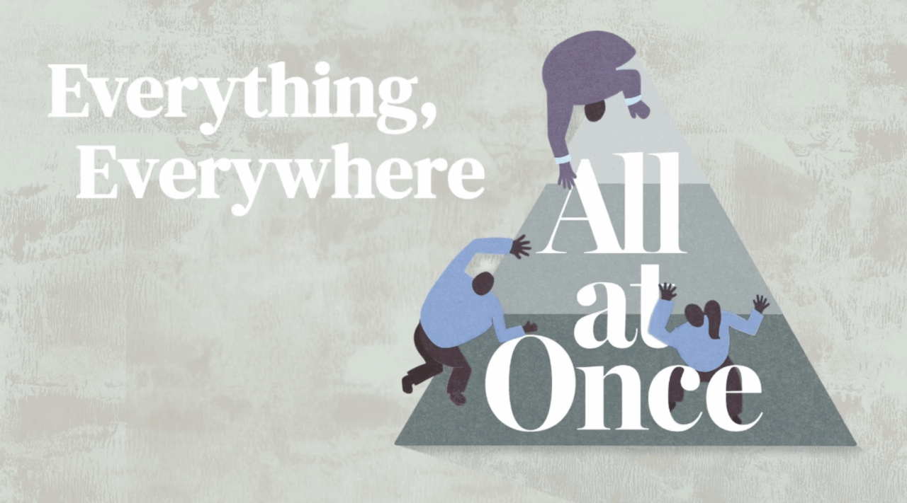 Gray, blue and white graphic depicting a pyramid with people climbing onto it