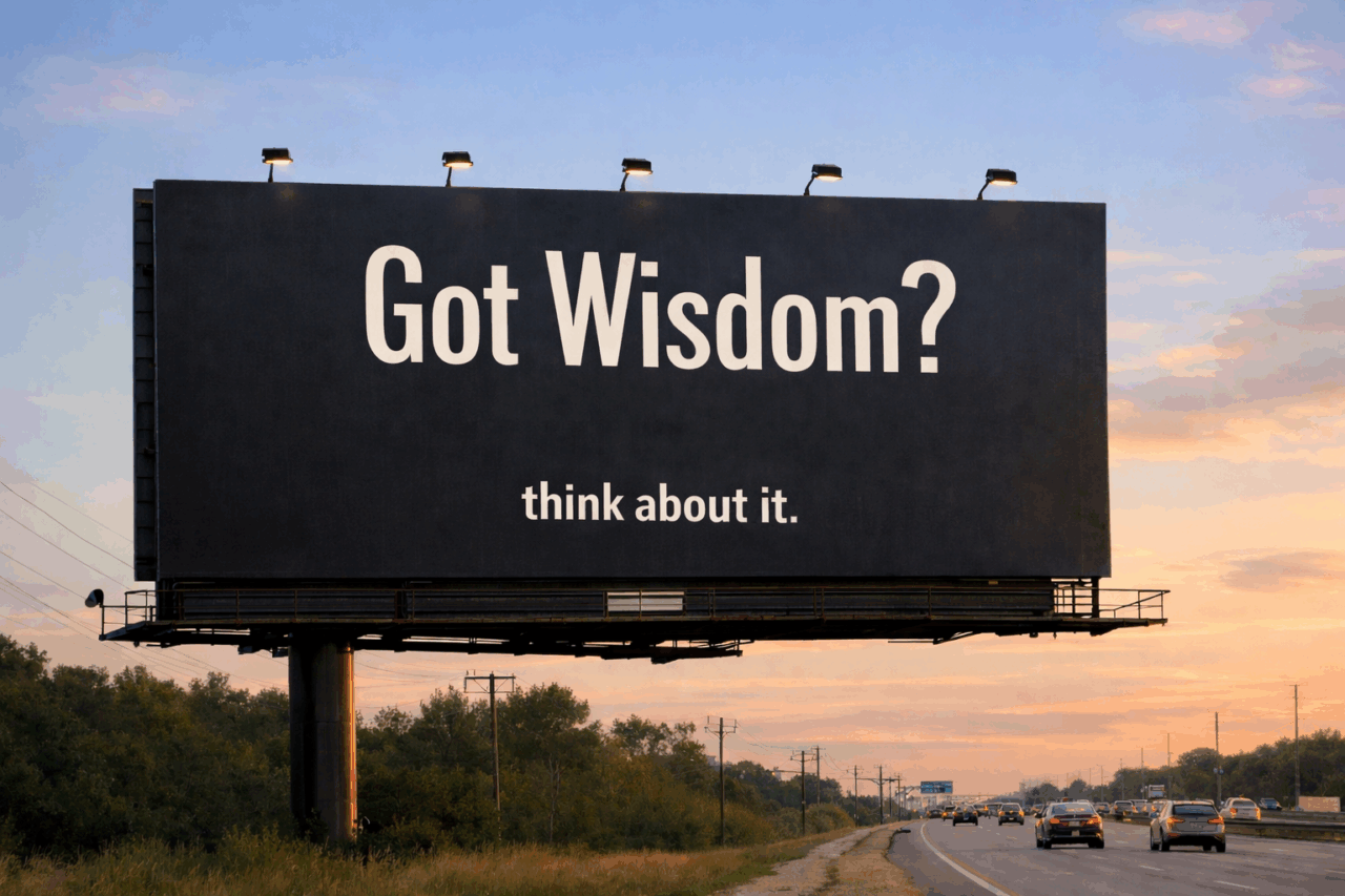 Black billboard with white text featuring the slogan 