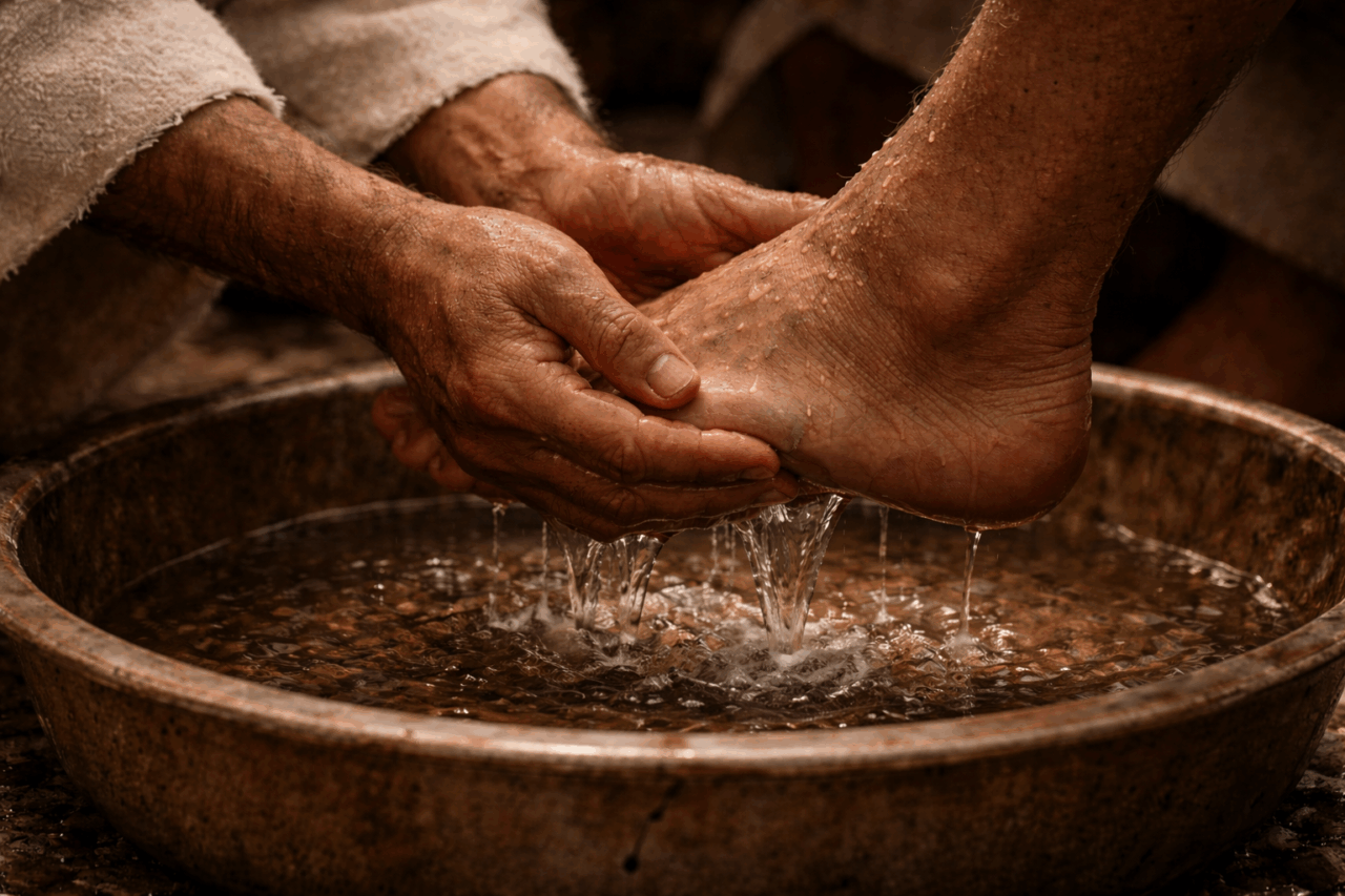 Color photograph of hands washing feet over a basin