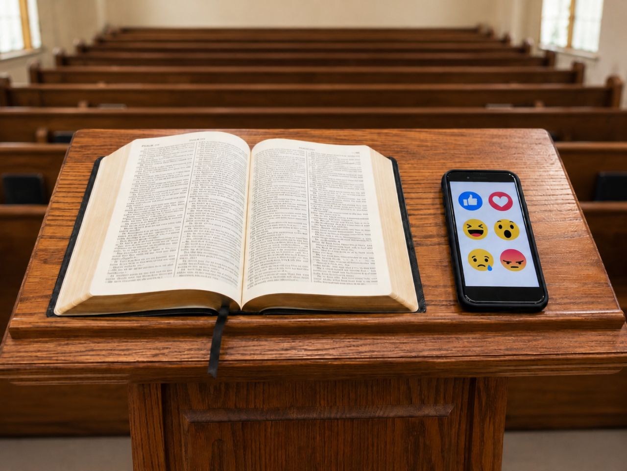 An open Bible and a phone displaying Facebook reaction emojis sit on a lectern facing empty pews