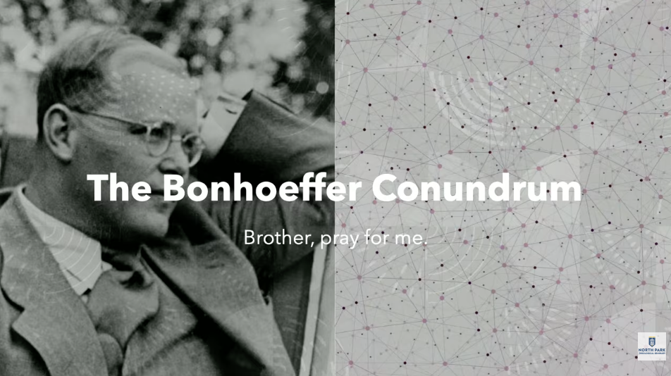 Black and white title slide for Fall 2026 Nyvall Lecture The Bonhoeffer Conundrum feat historical photograph